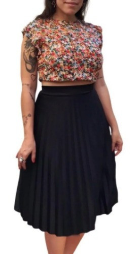 Saia Midi Preta Plissada Cintura Alta Tendência Social Moda 0