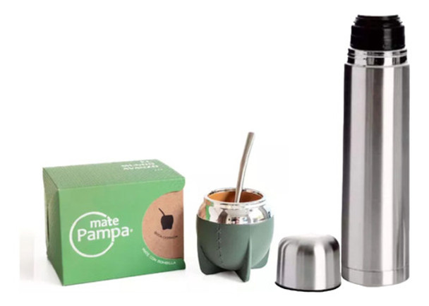Set Matero Termo Bala Plateado 1l Mate Termico Pampa Verde 0