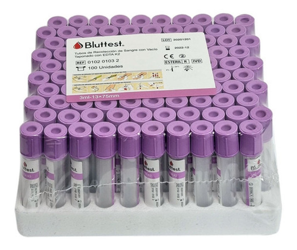 Tubos Edta K3 3ml Vacio Bluttest X100 Unidades 0