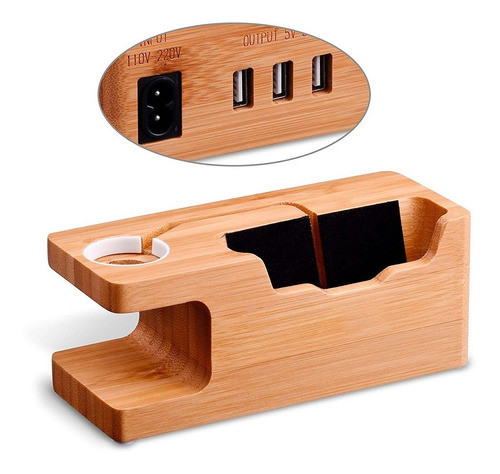 Base Soporte De Carga Bambu Para iPhone 11 Y Apple Watch 0