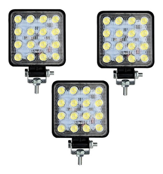 Kit 3 Faros 16 Led Auxiliar Cuadrado Maquinaria Agropecuari 0