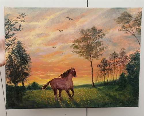 Cuadro Pintura Al Óleo Caballo Paisaje Atardecer 30x40cm 0