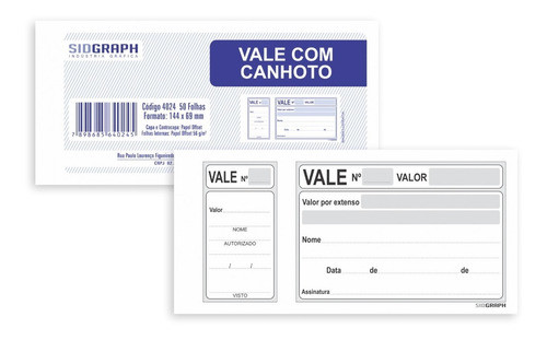 20 Blocos De Vale Com Canhoto Sidgraph 144x69 50fls - 4024 0