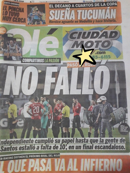 Diario Ole 29 Agosto 2018 Santos 0 Independiente 0 Ginobili 0