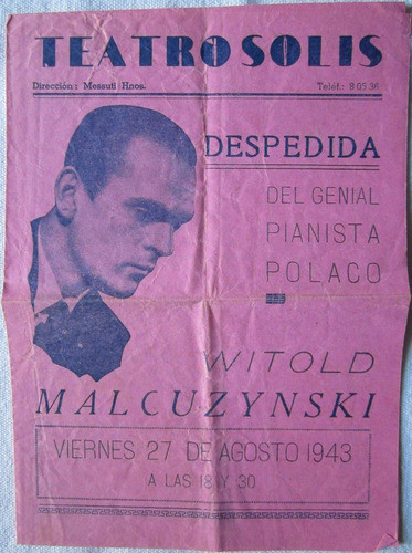 Antiguo Programa Teatro Solis Pianista Witold Malcuzynsky 19 0