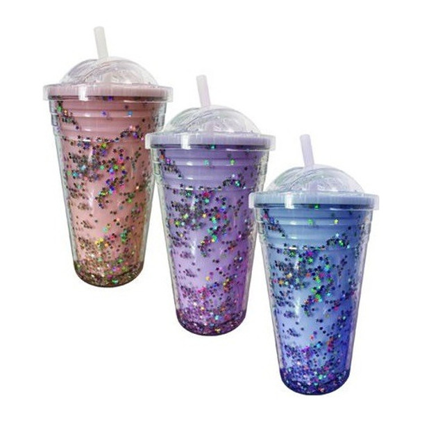 Vaso Plástico De Doble Pared Con Tapa Y Brillos 500 Ml 0