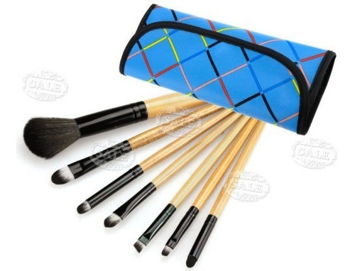 7pcs Cosmética Maquillaje Brochas Con Estuche Bolso Azul 0