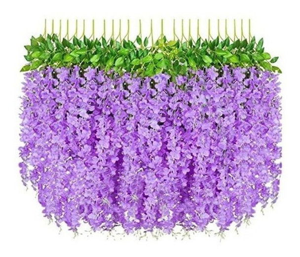24 Varas De Glicinas Artificiales Violetas Colgantes 0