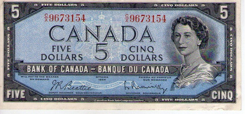 Canada Billete De 5 Dolares 1954 P77b Exc- 0