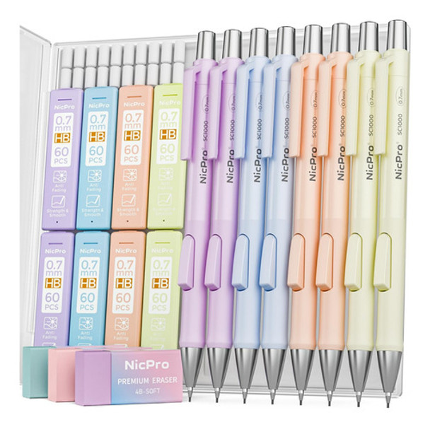Nicpro Juego 8 Portaminas Pastel 0,7 Mm, Lápices Dibujo Clic 0
