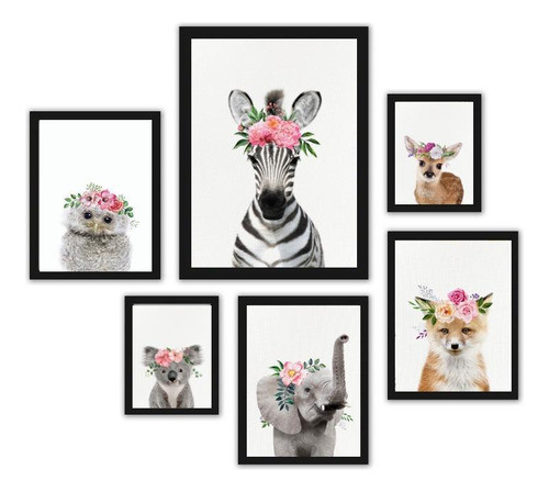 Composição 6 Quadros Infantis Animais Com Flores - Com Vidro 0