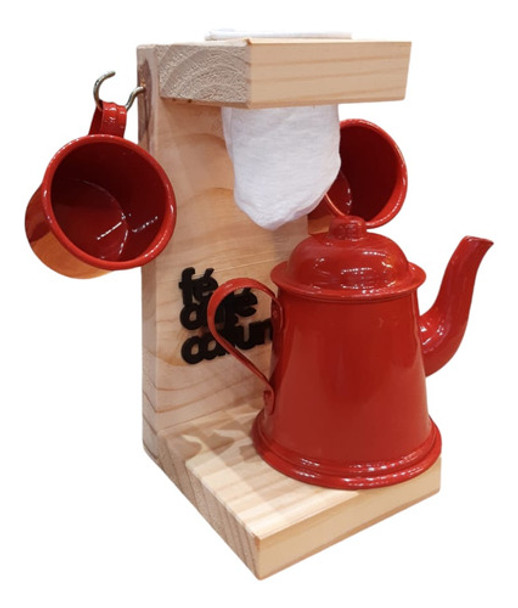 Mini Coador Café Madeira Rústica Individual Bule + 2 Canecas 0