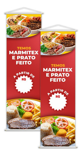 Kit 2 Banners  Temos Marmitex E Prato Feito Comida 100x30cm 0