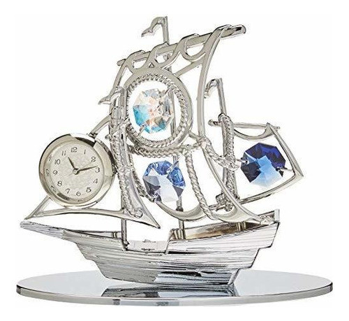 Chapado En Cromo Plata Velero Adorno De Mesa Con Reloj Con C 0