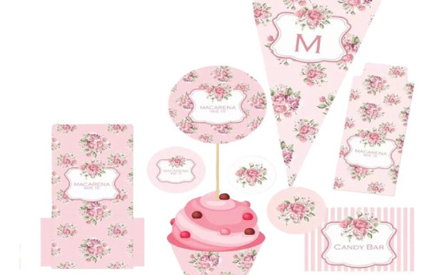 Kit Flores Rosas 15 Años Shabby Chic Rosa Editable 0