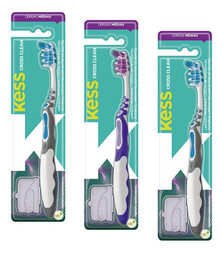 Kit 3 Escovas Dentais Cerdas Médias Cores Sortidas Kess 0