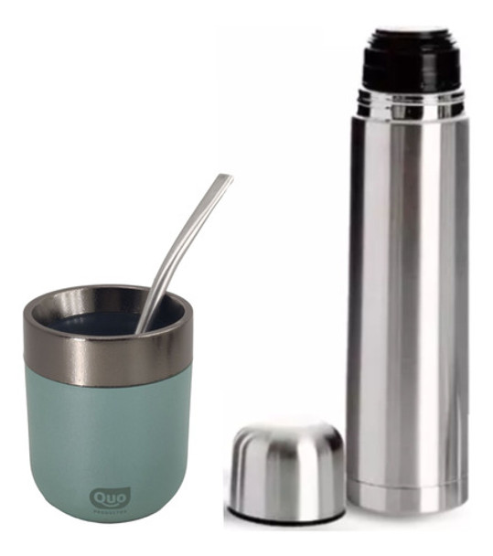 Mate Termico Verde Doble Capa + Bombilla + Termo Bala 0