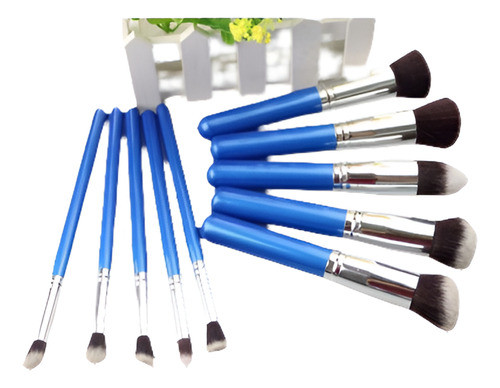 10 Pzs Brocha De Maquillaje Profesional Con Agarre Azul Y Pl 0