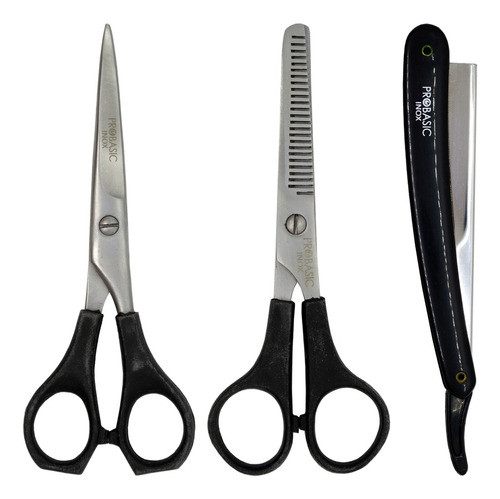 Kit Peluqueria Probasic Tijera Corte + Pulir + Navajin Local 0