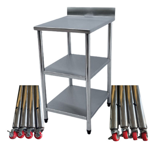 Mesa Com Rodizio Inox 60x60 Bancada Espelho 2 Prateleiras 0