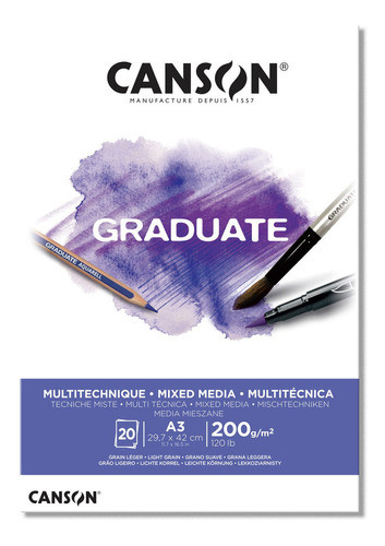 Bloco Canson Graduate Multi Técnica Branco 200g A3 20 Folhas 0