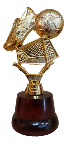 Trofeo Plástico Fútbol Arco Pelota Botin 16cm Base Madera 0