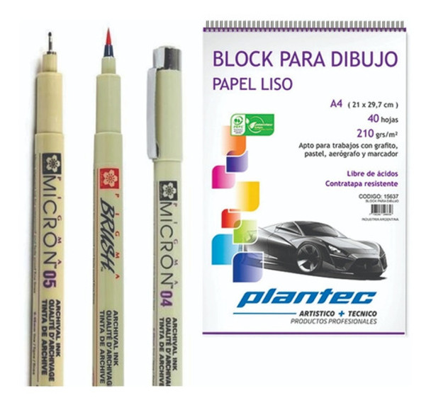 Kit Set 3 Microfibras Pigma Micron Sakura Block Plantec A4 0