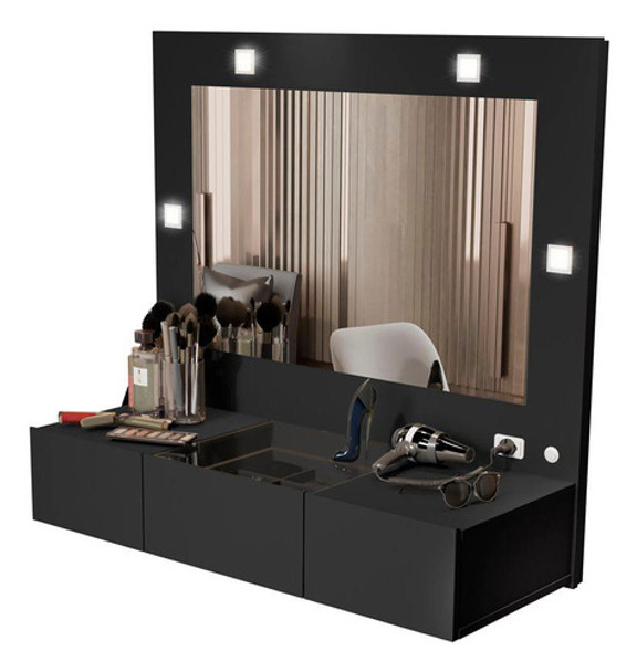 Penteadeira Camarim Suspensa 3 Gavetas Preto Acetinado 0