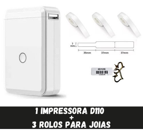 Impressora Etiqueta Niimbot D110 + 3 Rolos Etiqueta Joias 0