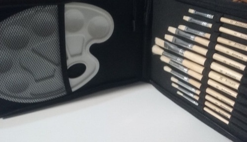 Set 12 Pinceles Cerda Surtidos + Paleta Estuche Con Cierre 0