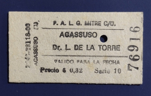 Boleto Ferrocarril Mitre De Estación Acassuso Clase Única 0