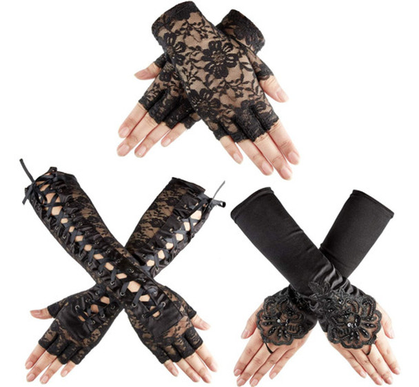 Satinior, 3 Pares De Guantes Góticos Para Mujer, Guantes Sin 0