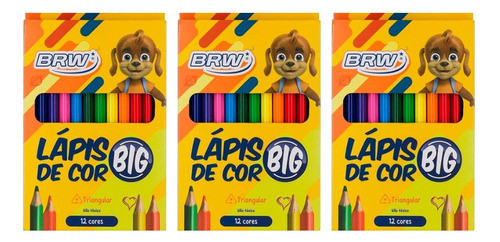 Kit 3 Lápis De Cor Big Jumbo Triangular 12 Cores Cada Brw 0