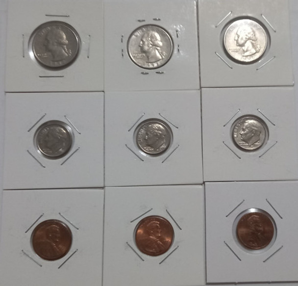 Moedas Quarter De Dollar,one Cent,one Dime,década De 1990 0 Moedas Quarter De Dollar,one Cent,one Dime,década De 1990 0