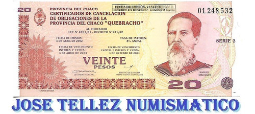 Ec# 253 Bono Chaco $ 20 Quebracho Ex+ Palermo 0