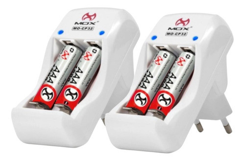 2 Carregador De Pilhas Mox-cp32 + 2 Pilhas Aaa Bivolt 0