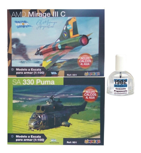 Set Malvinas Mirage Puma +pegamento 1/100 Modelex Para Armar 0
