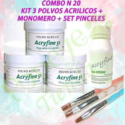 Kit 3 Acrilico Acryfine 30 Gs Polimeros +monomero + Pinceles 0