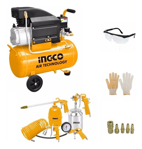 Kit Compresor 24 Lts Ingco+ Kit 5 Pzas Lentes Guantes 0