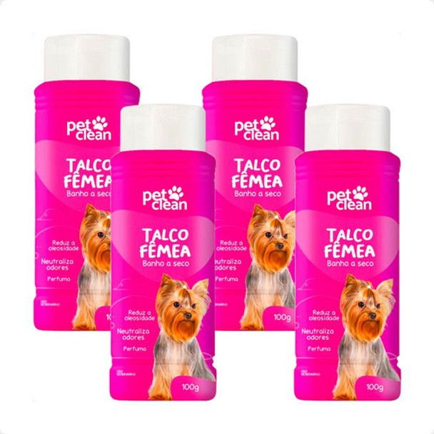 4 Talco Fêmea Banho A Seco Pet Clean Para Cães - 100g 0