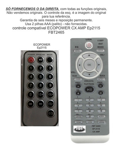 Controle Compatível Ecopower Ep 2115 Caixa Amp Fbt 2465 0