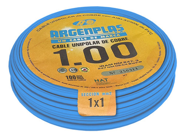 Cable Unipolar 1mm Azul Pvc Argenplas Iram Rollo Por 100mts 0