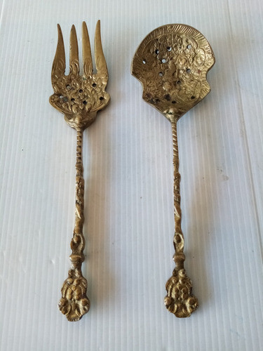 Antiguas Piezas Servir De Bronce - Cuchara Y Tenedor 0