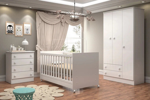 Jogo Quarto De Bebê Completo Berço Cômoda Roupeiro Branco 0
