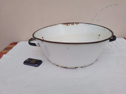 Antiguo Fuentón Enlozado Con Asas, Picado, Para Decoración 0