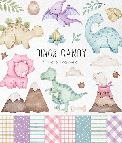 Kit Digital Dinos Candy Em Aquarela 0