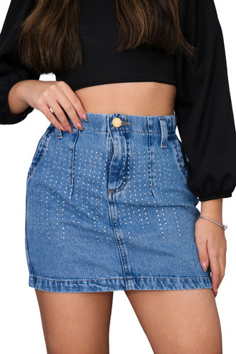Mini Saia Jeans Com Brilho Tendência Moda Juvenil Feminina 0