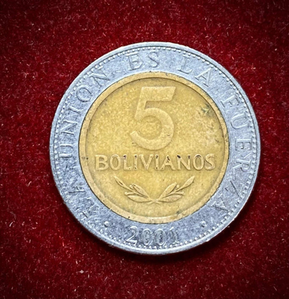 Moneda 5 Bolivianos 2001 Bolivia Km 212 Bimetalica 0