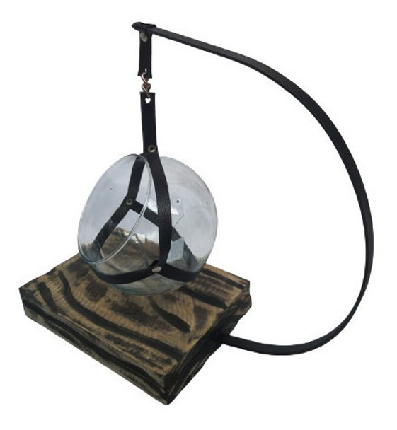 Cachepó De Vidro Pendente No Ferro Na Base De Madeira 0