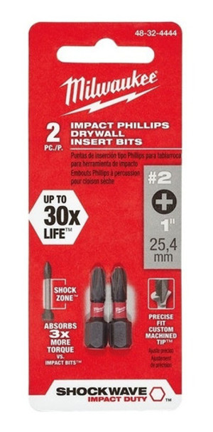 2 Puntas Ph2 X 25mm De Impacto Angostas 48-32-4444 Milwaukee 0